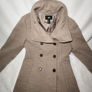 Preppy H&M Double-Breasted Pea Coat Women Beige High Neck
